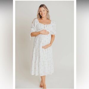 NWT Storia POSITANO PUFFED SLEEVE MIDI DRESS IN WHITE FLORAL - BUMP FRIENDLY S